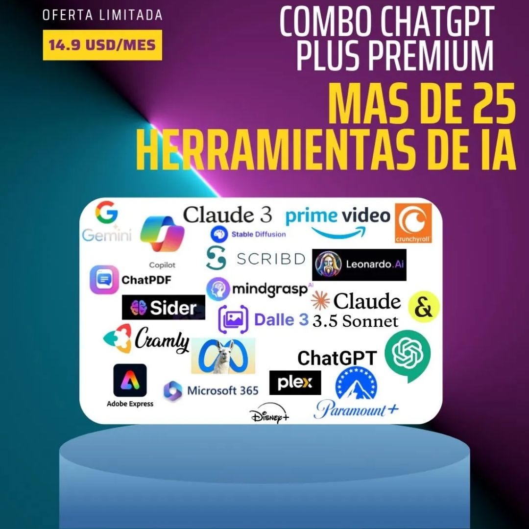 Combo ChatGPT Plus Premium con acceso a herramientas de inteligencia artificial, diseño, edición de video y entretenimiento. Incluye ChatGPT, Google Gemini, Copilot Pro, Freepik, Disney+ y más