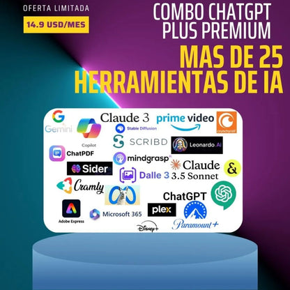 Combo ChatGPT Plus Premium con acceso a herramientas de inteligencia artificial, diseño, edición de video y entretenimiento. Incluye ChatGPT, Google Gemini, Copilot Pro, Freepik, Disney+ y más